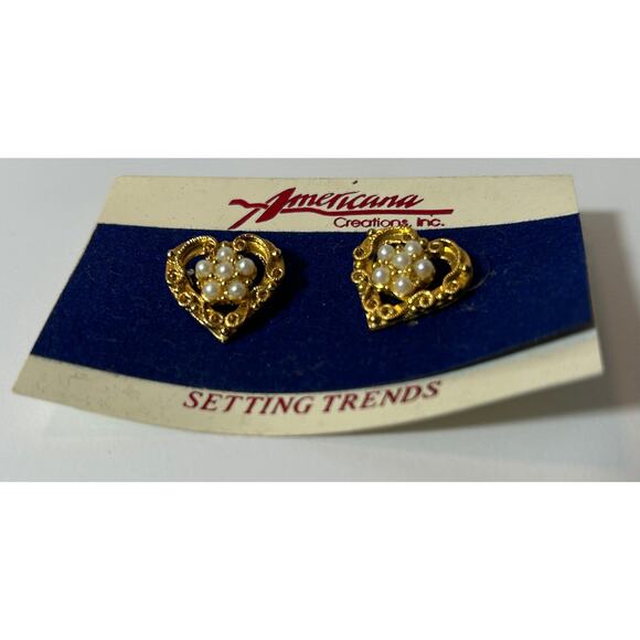 Vintage Americana Creations Heart Earrings with Faux Pearls – Gold-Tone Filigree - Picture 2 of 3